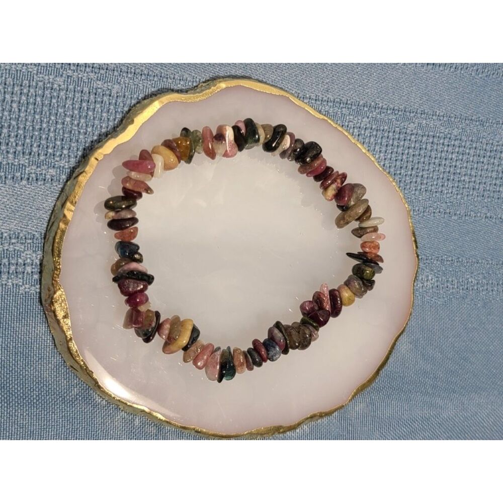Natural Multi Color Tourmaline Chip Bracelet Gemstone Beaded Stretch Crystal 7"